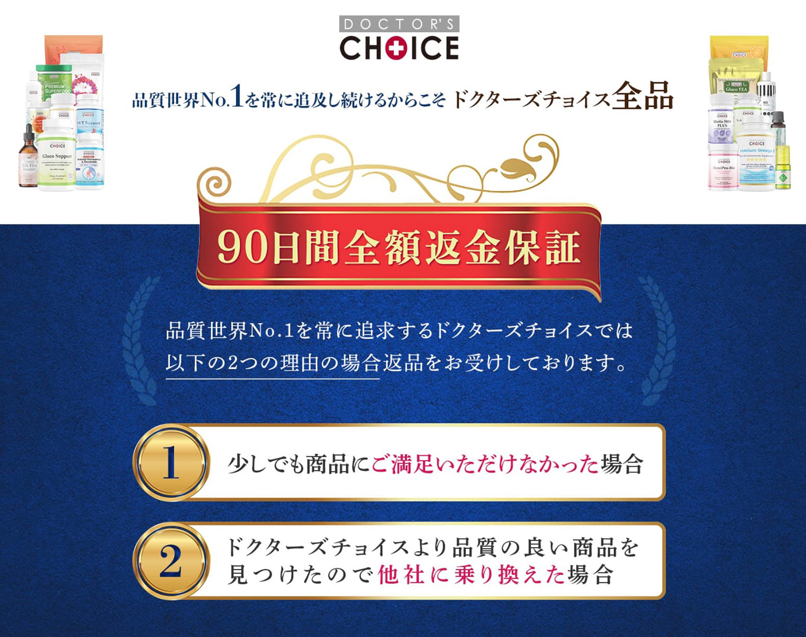 品質世界 No.1を常に追求するドクターズチョイスでは以下の２つの理由の場合返品をお受けしております。少しでも商品にご満足いただけなかった場合。ドクターズチョイスより品質の良い商品を見つけたので他社に乗り換えたい場合