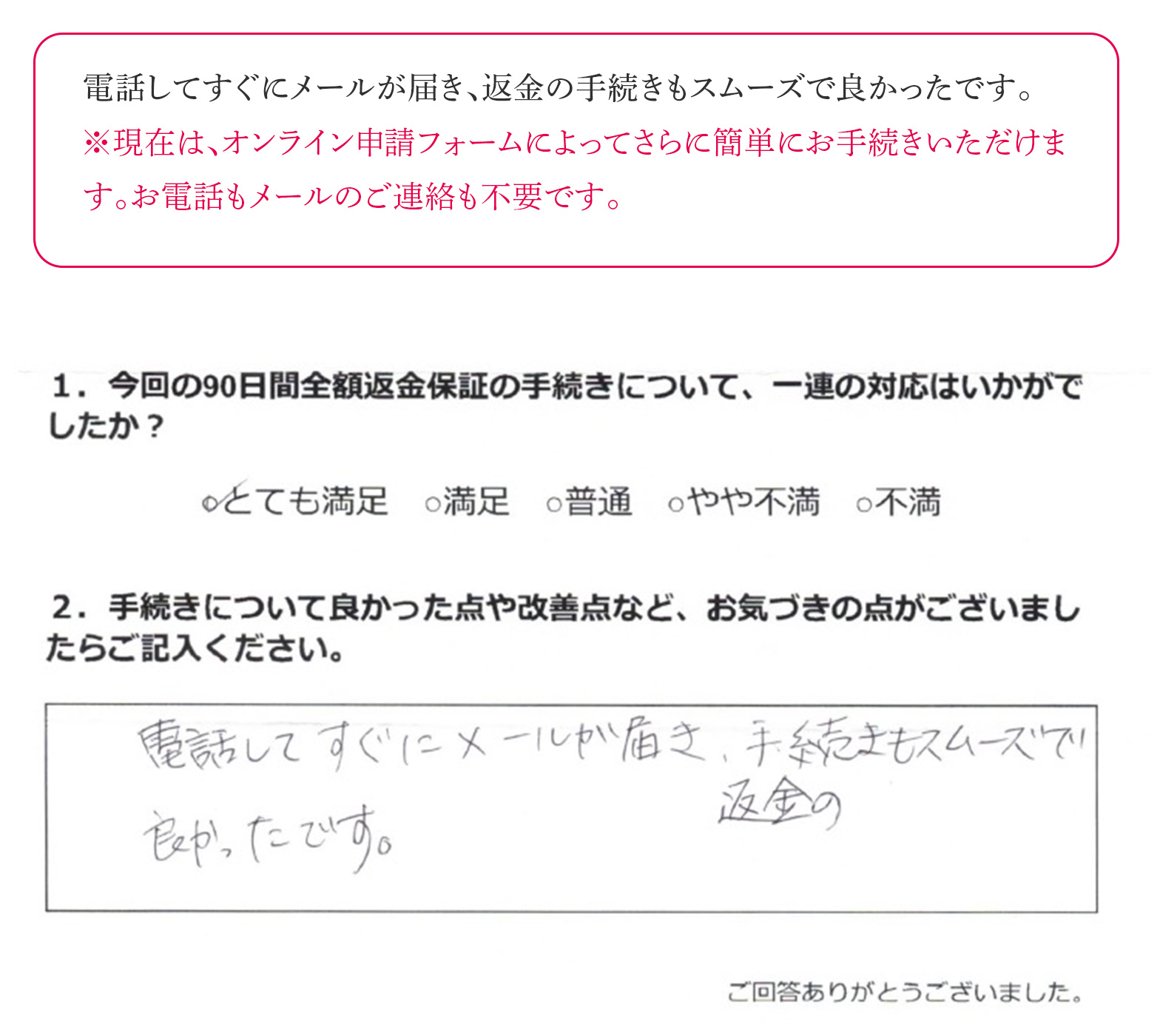 電話してすぐにメールが届き、返金の手続きもスムーズで良かったです。※現在は、オンライン申請フォームによってさらに簡単にお手続きいただけます。お電話もメールのご連絡も不要です。