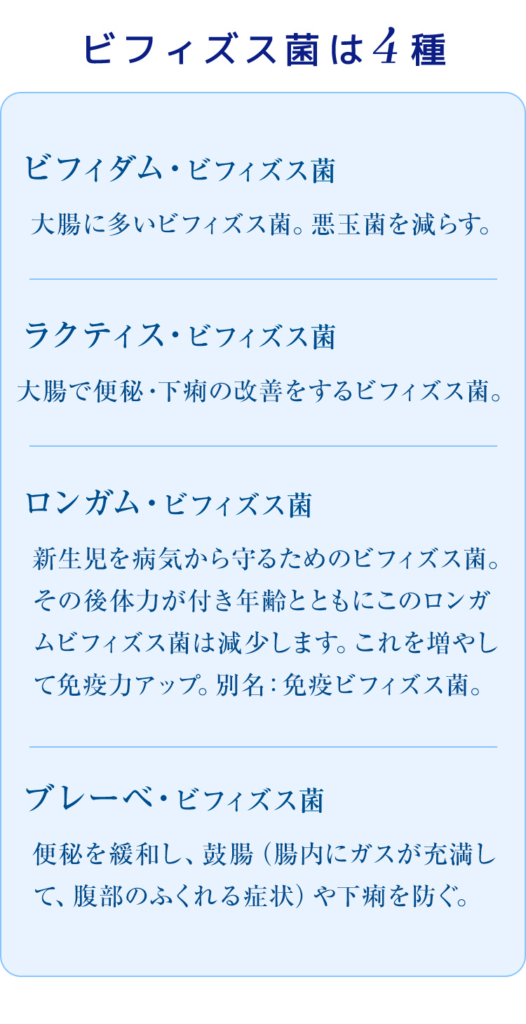 ビフィダム・ビフィズス菌:大腸に多いビフィズス菌。悪玉菌を減らす。ラクティス・ビフィズス菌:大腸で便秘・下痢の改善をするビフィズス菌。ロンガム・ビフィズス菌:新生児を病気から守るためのビフィズス菌。その後体力が付き年齢とともにこのロンガムビフィズス菌は減少します。これを増やして免疫力アップ。別名：免疫ビフィズス菌。ブレーベ・ビフィズス菌:便秘を緩和し、鼓腸（腸内にガスが充満して、腹部のふくれる症状）や下痢を防ぐ。
