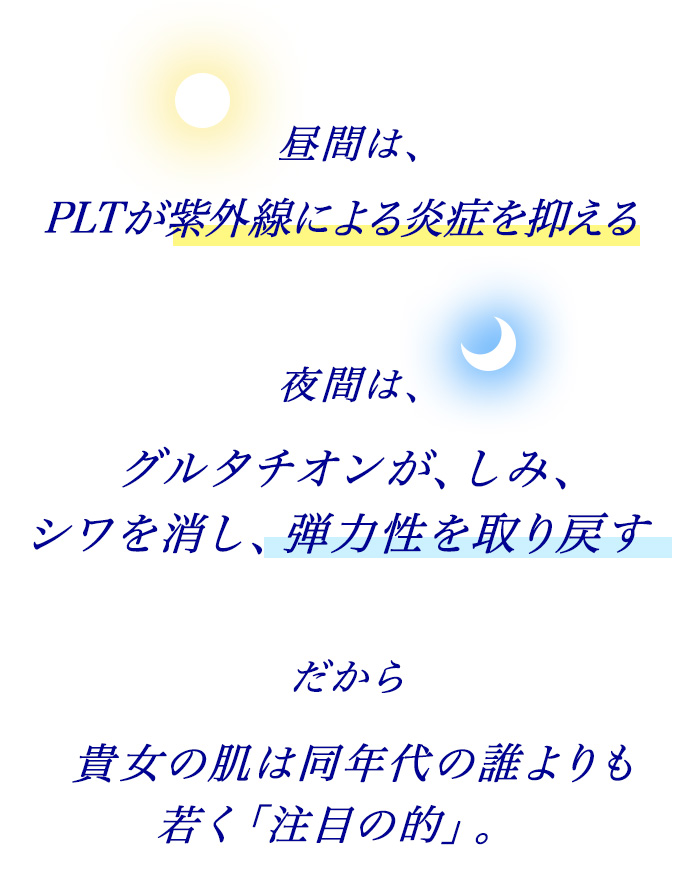 昼間は、しっかり紫外線を予防する。夜間は、寝ている間にしっかりメラニンを浄化する。昼も夜も貴女のお肌からメラニンを「ブロック」そして「浄化」活動的な貴女を守ります。貴女の肌は透明感と白さでさらに美しく。同年齢の友達に差を付けるチャンス